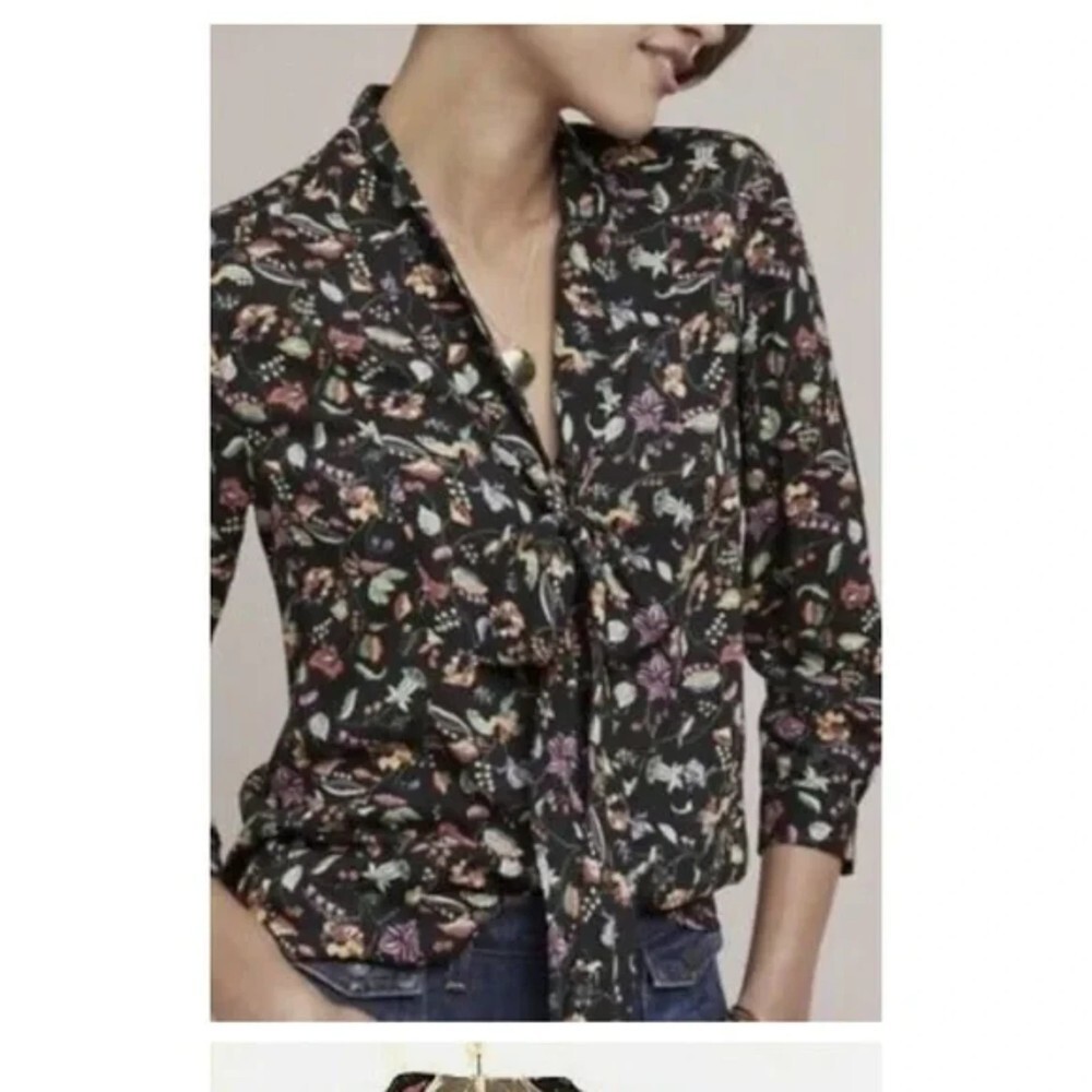 Anthropologie Black Floral Button-Down Tie Front Shirt